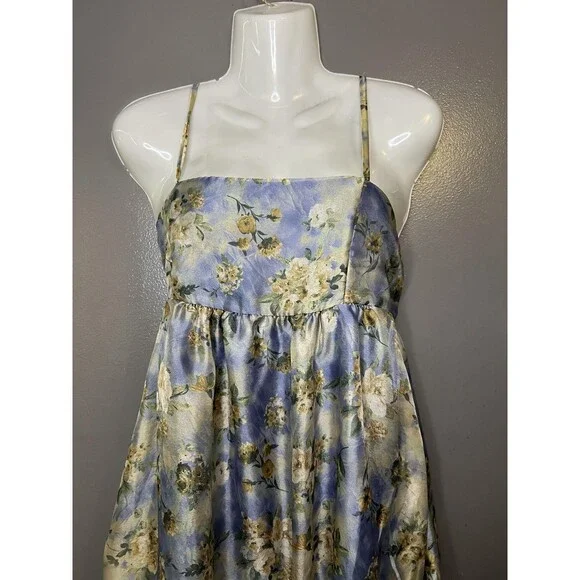Wild Fable Dress Womens Small Blue Floral Satin Maxi Sundress Ruffle Hem - Picture 1 of 12